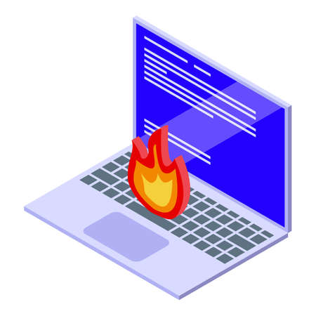 Fix on fire laptop icon isometric vector. Computer service. Repair mobileのイラスト素材
