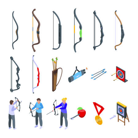 Archery competition icons set isometric vector. Archery target. Bullseye goalのイラスト素材