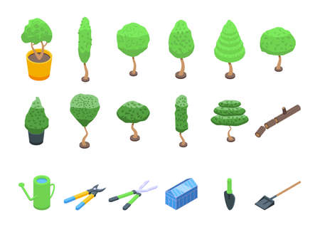 Tree trimming icons set isometric vector. Chainsaw tree. Woodcutter workのイラスト素材