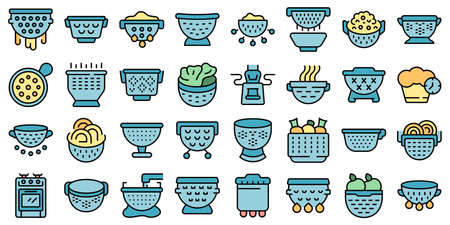 Colander icons set outline vector. Cook strainer. Food accessoryのイラスト素材