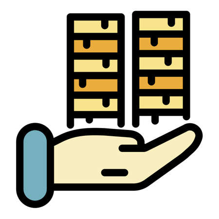 Stack of coins in the palm icon. Outline stack of coins in the palm vector icon color flat isolatedのイラスト素材