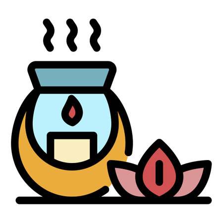 Aroma lamp and lotus icon. Outline aroma lamp and lotus vector icon color flat isolatedのイラスト素材