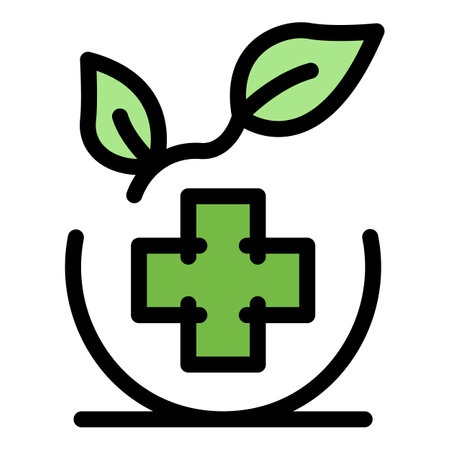 Medical cross and leaf icon. Outline medical cross and leaf vector icon color flat isolatedのイラスト素材