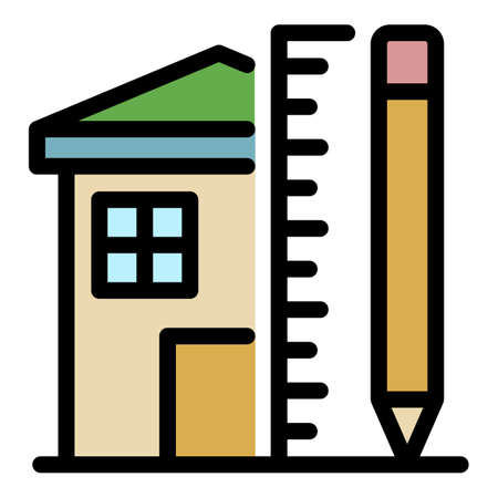 House pencil and ruler icon. Outline house pencil and ruler vector icon color flat isolatedのイラスト素材
