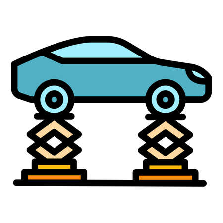 Car on lift icon. Outline car on lift vector icon color flat isolatedのイラスト素材