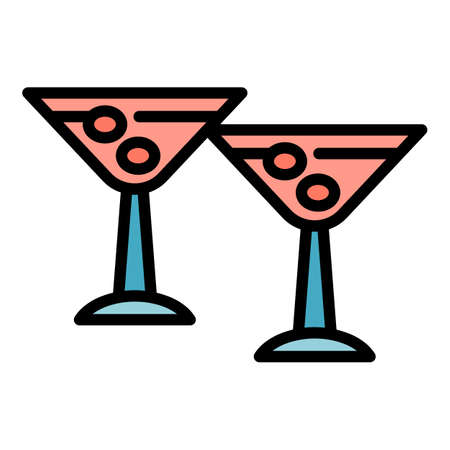 Cheers olive cocktail glasses icon. Outline cheers olive cocktail glasses vector icon color flat isolatedのイラスト素材
