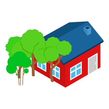 Red house icon isometric vector. One storey building and deciduous green tree. New residential house, private propertyのイラスト素材