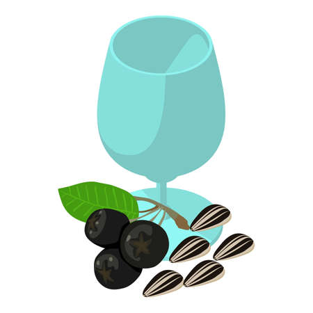Immune drink icon isometric vector. Glass goblet, chokeberry and sunflower seed. Natural ingredient, healthy food, vegan drinkのイラスト素材