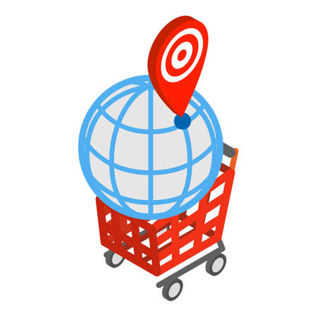 Shopping worldwide icon isometric vector. Geo pin on globe and red shopping cart. Online shop, digital marketing, business conceptのイラスト素材
