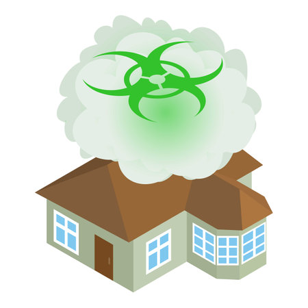 Nuclear pollution icon isometric vector. Radioactive cloud over dwelling house. Radiation contamination icon, chemical weapon, radiation pollutionのイラスト素材