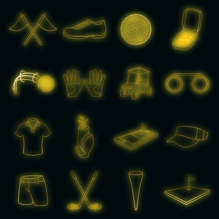 Golf icons set in neon style. Golf equipment set collection vector illustrationのイラスト素材