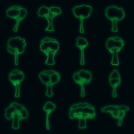 Green trees icons set. Illustration of 16 green trees vector icons neon color on blackのイラスト素材