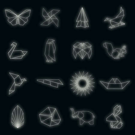Origami icons set. Illustration of 16 origami vector icons neon color on blackのイラスト素材