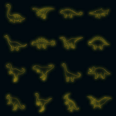 Different dinosaurs icons set. Illustration of 16 different dinosaurs vector icons neon color on blackのイラスト素材