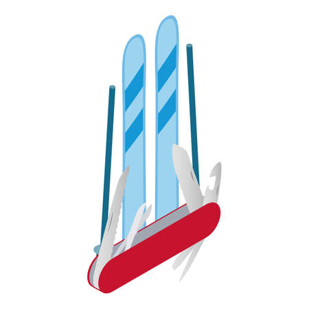 Swiss symbol icon isometric vector. Ski equipment and swiss multipurpose knife. Sport skis with two stick, tourism, active recreationのイラスト素材