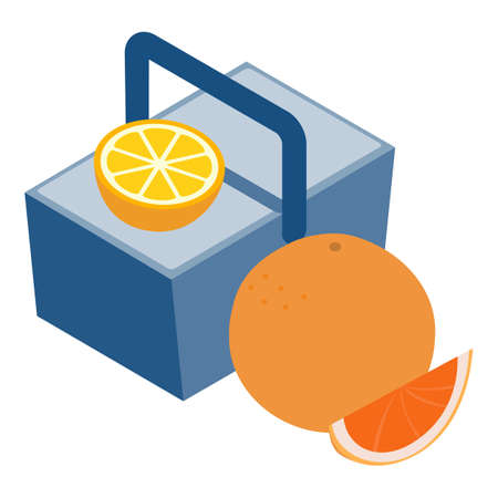 Summer snack icon isometric vector. Closed cooler bag and fresh citrus fruit. Summer food, picnic meal, iceboxのイラスト素材