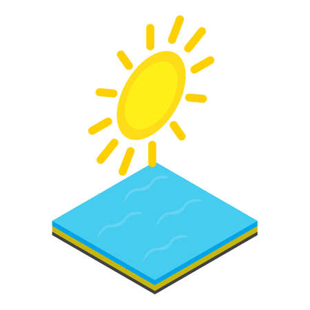 Sunny sea icon isometric vector. Golden sun in sky and still sea surface icon. Clear summer day, seascape, good weatherのイラスト素材