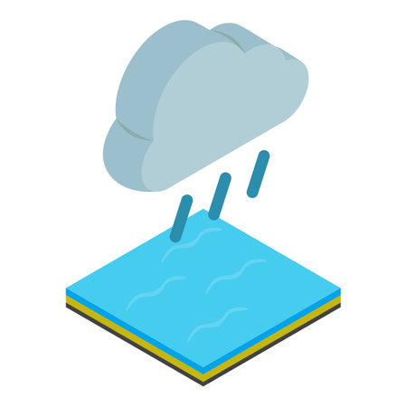 Heavy rain icon isometric vector. Dark cloud with raindrop above water surface. Bad weather, rainy season, flood, natural disaster, strong atmospheric precipitationのイラスト素材