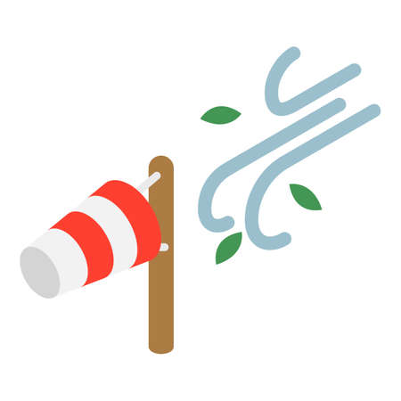 Windy weather icon isometric vector. Striped windsock, gust of wind carrying leaf. Bad weather, gale, strong wind, meteorologyのイラスト素材
