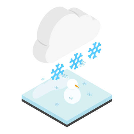 Snowfall icon isometric vector. Snowflake from cloud fall on snowman and ground. Snowy day, winter time, weatherのイラスト素材