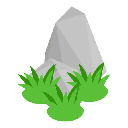 Rocky terrain icon isometric vector. Green vegetation at foot of grey rock icon. Environment, nature, vegetationのイラスト素材