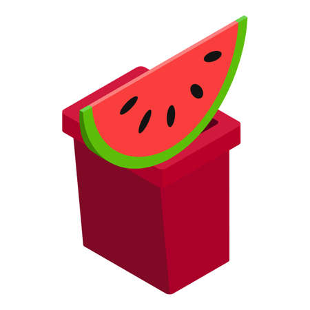 Organic waste icon isometric vector. Slice of ripe red watermelon in trash can. Household waste, sorting and recycle garbageのイラスト素材