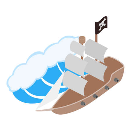 Pirate ship icon isometric vector. Vintage sailing pirate ship and big wave icon. Old vessel, historical exposition, retro water transportのイラスト素材