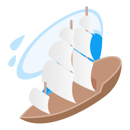 Sailing ship icon isometric vector. Old sea ship with white sail and ocean wave. Historical exposition, retro water transport, brigantineのイラスト素材