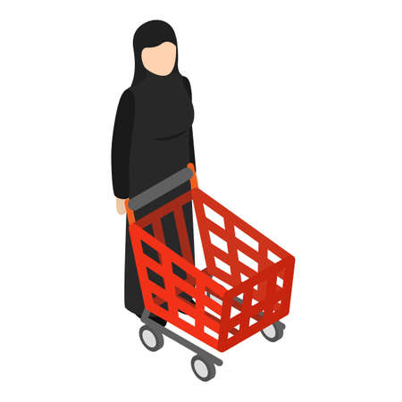 Dubai shopping icon isometric vector. Muslim woman wearing abaya, red shop cart. Offline shopping, retail conceptのイラスト素材