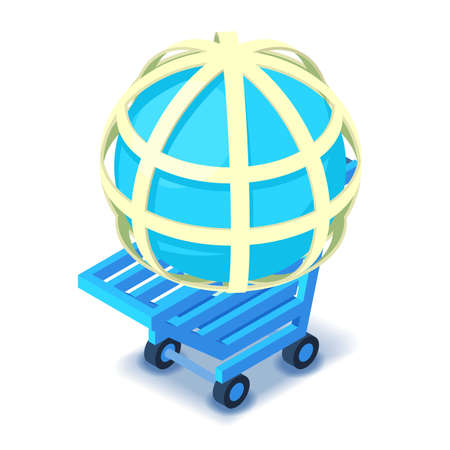 Global marketing icon isometric vector. Globe grid in blue shopping cart icon. International trading, ecommerce, business, globalizationのイラスト素材