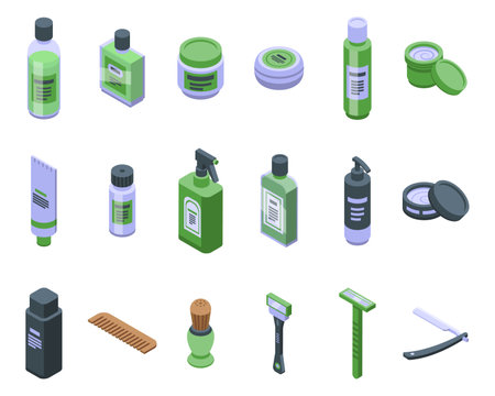 Shaving cosmetics icons set isometric vector. Man shave. Beard skinのイラスト素材