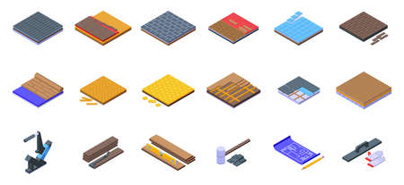 Floor installation icons set isometric vector. Wall wood. Material baseboardのイラスト素材