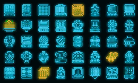 Waffle maker icons set outline vector. Baking pancake. Appliance cook vector neonのイラスト素材
