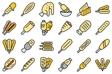 Corn dog icons set outline vector. American carnival. Chili dish thin line color flat on whiteのイラスト素材
