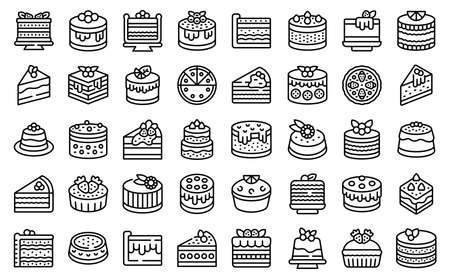 Cheesecake icons set outline vector. Cake dessert. Slice pieceのイラスト素材