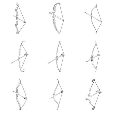 Bow weapon icon set. Isometric set of bow weapon vector icons outline isolated on white backgroundのイラスト素材