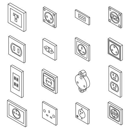 Power socket icons set. Isometric set of power socket vector icons outline isolated on white backgroundのイラスト素材