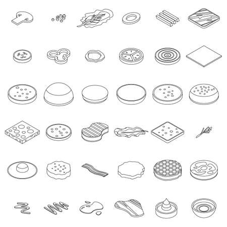 Burger icons set. Isometric set of burger vector icons outline isolated on white backgroundのイラスト素材