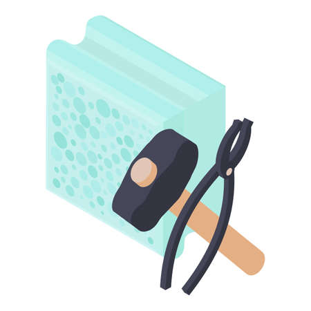 Forging tool icon isometric vector. Blacksmith hammer, smith tongs, aerated block. Professional equipment, blacksmithing, manufactureのイラスト素材