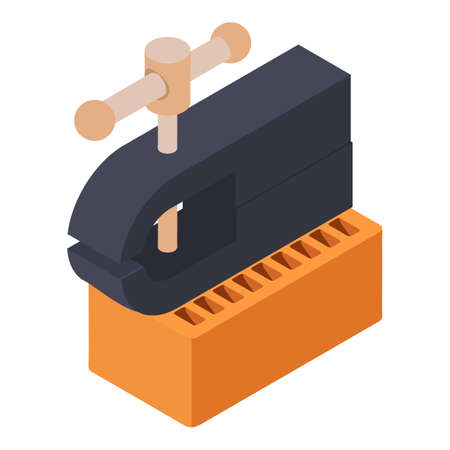 Locksmith equipment icon isometric vector. Bench vise on brown brick block icon. Professional equipment, manufactureのイラスト素材
