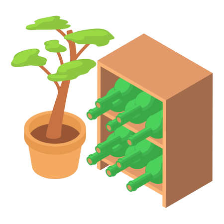 Cellar furniture icon isometric vector. Bottle wine in winery rack, potted flower. Winery cellar, restaurant basement, winemakingのイラスト素材