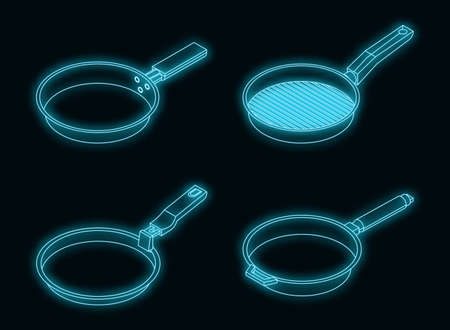 Griddle pan icon set. Isometric set of griddle pan vector icons neon on blackのイラスト素材