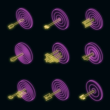 Target icon set. Isometric set of target vector icons neon on blackのイラスト素材