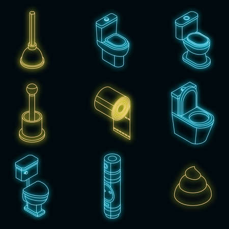 Toilet bathroom icon set. Isometric set of toilet bathroom vector icons neon on blackのイラスト素材