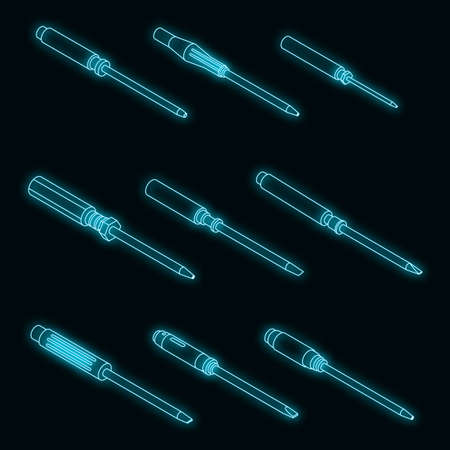 Screwdriver icons set. Isometric set of screwdriver vector icons neon on blackのイラスト素材