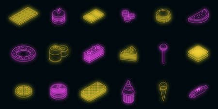 Confectionery icons set. Isometric set of confectionery vector icons neon on blackのイラスト素材