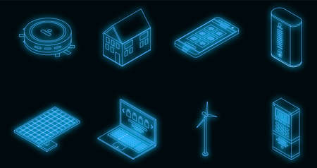 Autonomous house icons set. Isometric set of autonomous house vector icons neon on black