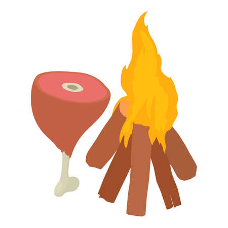 Ancient fire icon isometric vector. Process of cooking raw meat at bonfire icon. Mastering fire, evolutionのイラスト素材