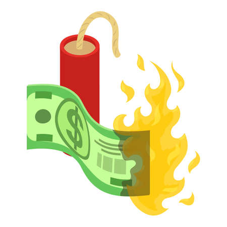 Bankruptcy concept icon isometric vector. Burning dollar banknote and dynamite. Financial loss, inflation, loss, defaultのイラスト素材