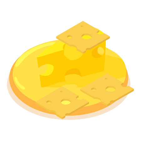 Cheesy pizza icon isometric vector. Fresh pizza with cheese on wooden plate icon. Italian cuisine, homemade food, hearty mealのイラスト素材